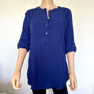 LOFT Long Sleeve Henley Blouse Navy Blue Roll Tab Buttons Rayon